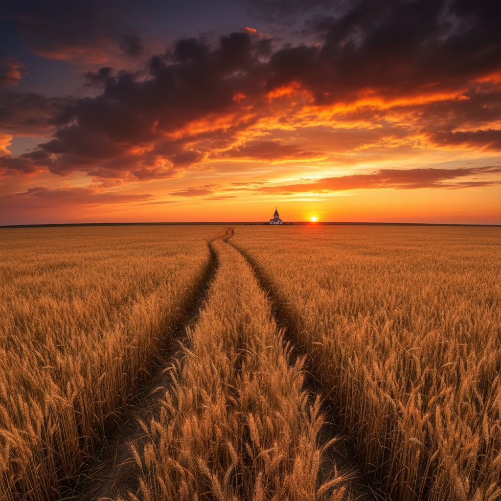 Goldene Steppe mit einsamer Kirche am Horizont