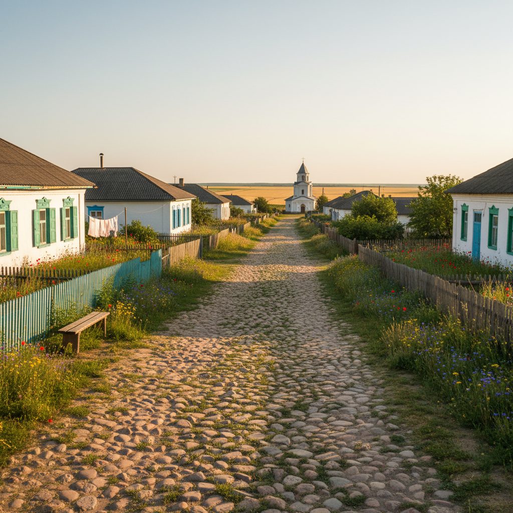 Deutsche Kolonistensiedlung mit Kirchturm