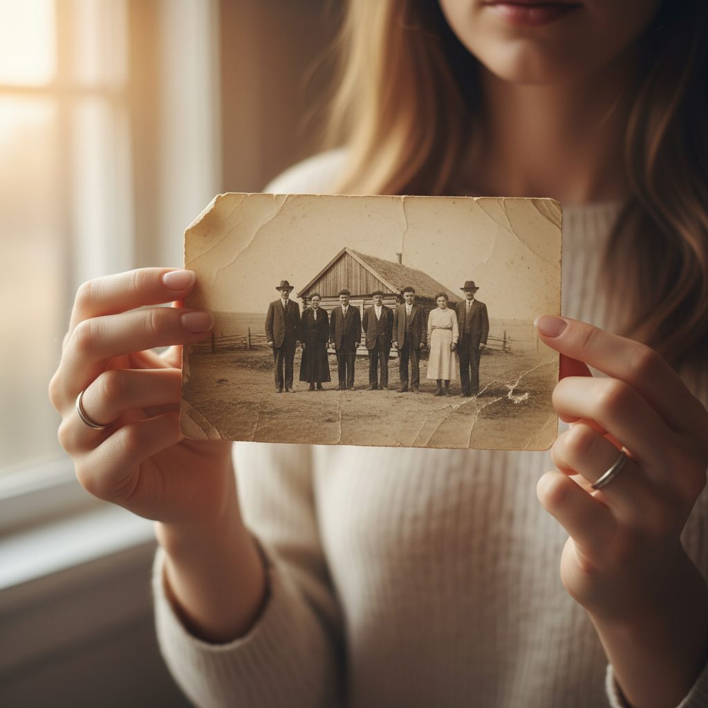 Junge Frau mit altem Familienfoto